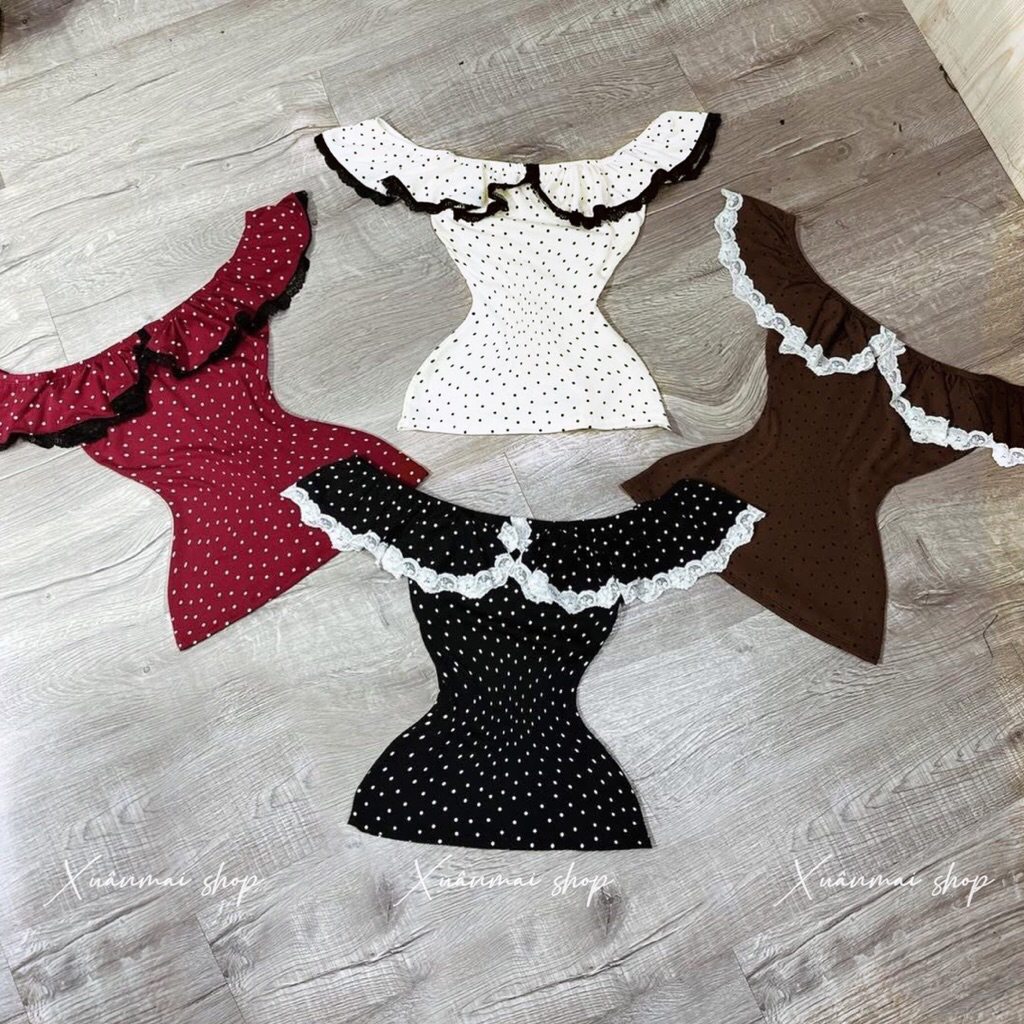 [Áo - Đầm] Đầm Trễ vai chấm bi dáng a dài thun tăm lạnh co giãn Xuân Mai Shop