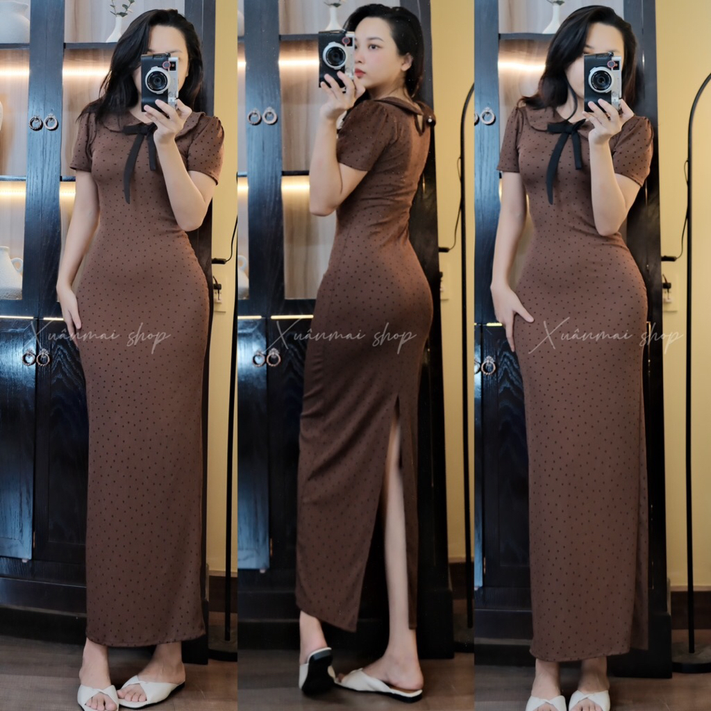 Xuanmaishop [Dài -Ngắn] Đầm TIỂU THƯ chấm bi tăm lạnh co giãn cổ sen nơ đen