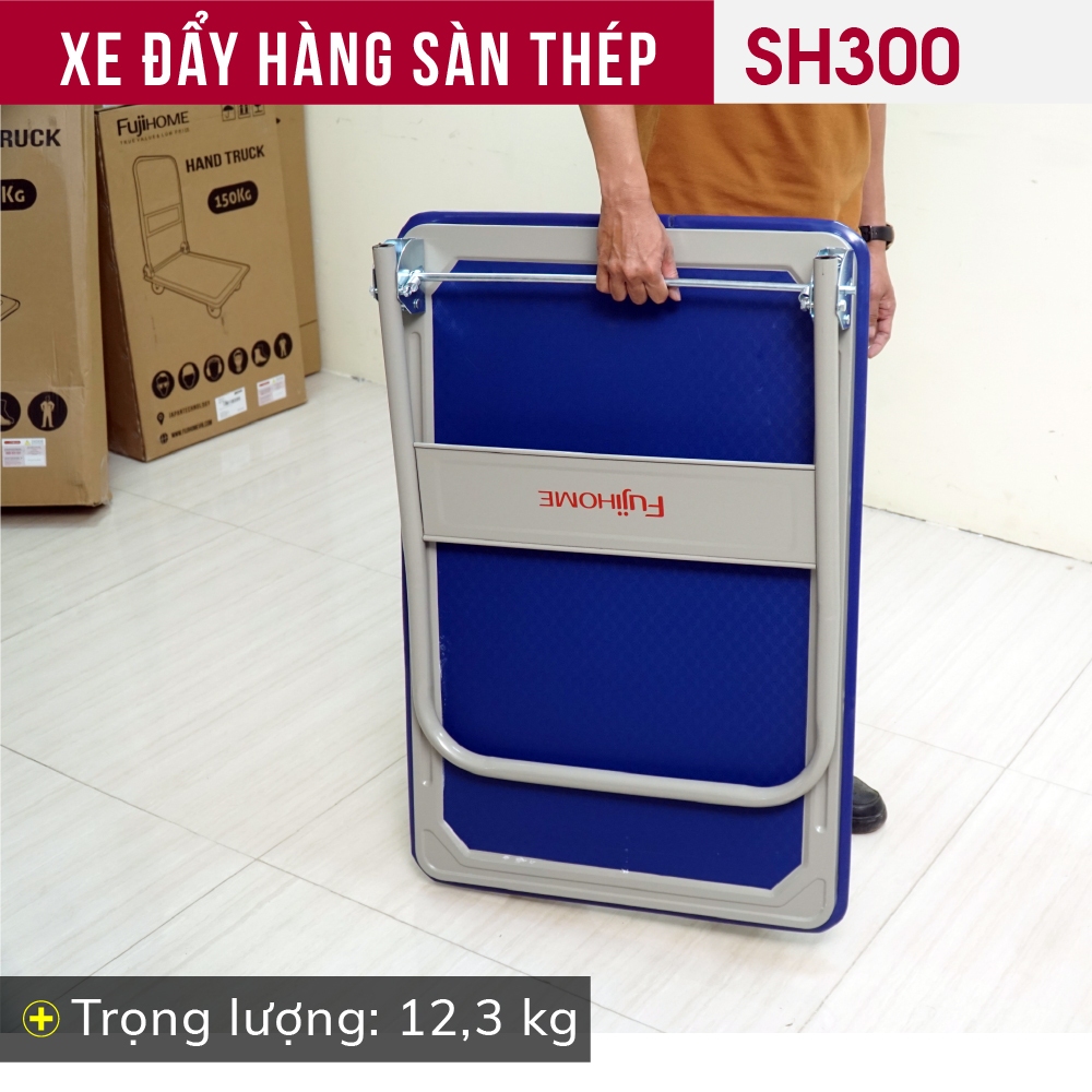 Xe kéo hàng cồng kềnh bánh cao su chịu tải cao SH300 FUJIHOME, Xe đẩy gập gọn sàn thép gập đôi lót nhựa chống xước