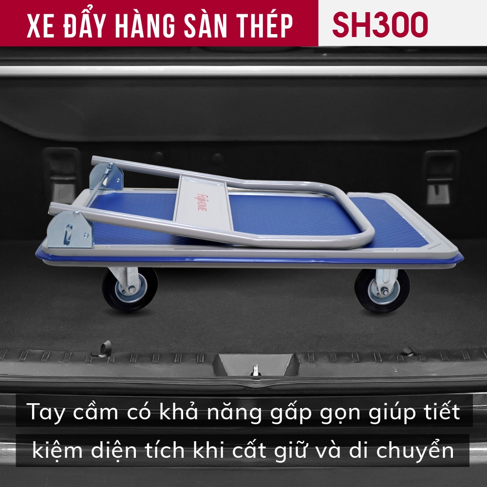Xe kéo hàng cồng kềnh bánh cao su chịu tải cao SH300 FUJIHOME, Xe đẩy gập gọn sàn thép gập đôi lót nhựa chống xước