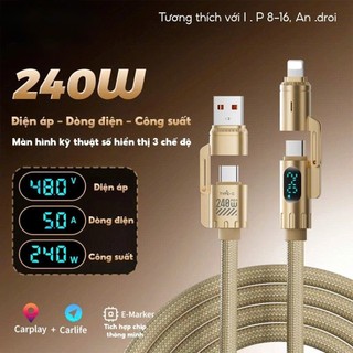 Cáp Sạc Nhanh Dài 2 Mét 4in1 Sạc Nhanh Công Suất 240W Hỗ Trợ CarPlay, Bảo Hành 12T 4 Trong 1 Typec USB Truyền Dữ Liệu
