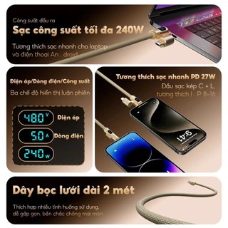 Cáp Sạc Nhanh Dài 2 Mét 4in1 Sạc Nhanh Công Suất 240W Hỗ Trợ CarPlay, Bảo Hành 12T 4 Trong 1 Typec USB Truyền Dữ Liệu
