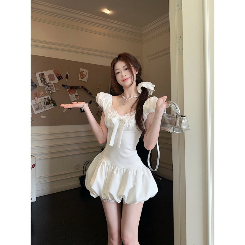 Váy Nữ Dáng Bí Cổ Vuông Phối Ren Đính Nơ Tiểu Thư Kèm Quần Bảo Hộ Siêu Xinh MS99