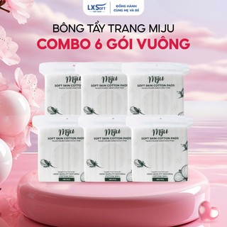 Combo 6 gói Bông tẩy trang Miju tròn vuông dập viền chắc chắn, mềm mại, an toàn mọi loại da