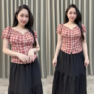 Áo Caro Tay Bồng Tiểu Thư Cúc Bọc Vải, Chất Liệu Thô Mềm Đứng Form