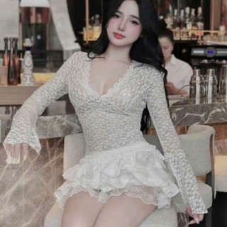 SET Áo Ren Nữ CỔ V Tay Loe Xẻ Mix Chân Váy Ngắn Tầng Xòe Phối Seccy
