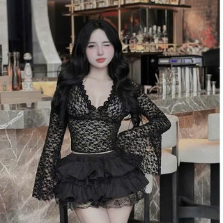 SET Áo Ren Nữ CỔ V Tay Loe Xẻ Mix Chân Váy Ngắn Tầng Xòe Phối Seccy