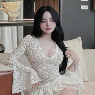SET Áo Ren Nữ CỔ V Tay Loe Xẻ Mix Chân Váy Ngắn Tầng Xòe Phối Seccy