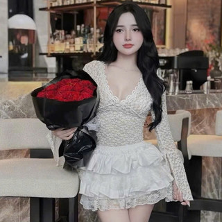 SET Áo Ren Nữ CỔ V Tay Loe Xẻ Mix Chân Váy Ngắn Tầng Xòe Phối Seccy