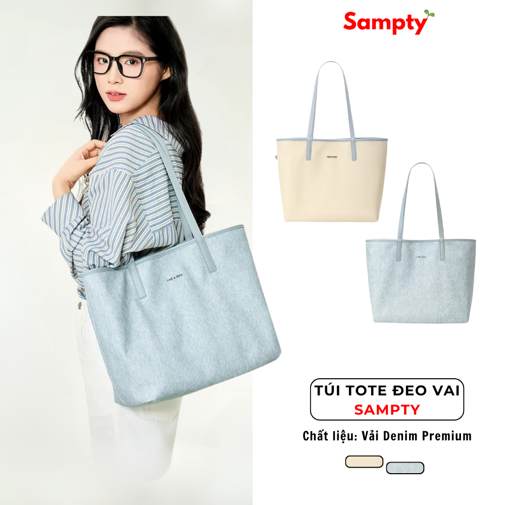 Túi Tote Jeans 𝐒𝐚𝐦𝐩𝐭𝐲 Vải Denim Phối Da Premium Đi Làm Đi Chơi Đựng Laptop 15 inch Thời Trang Y2K 2025