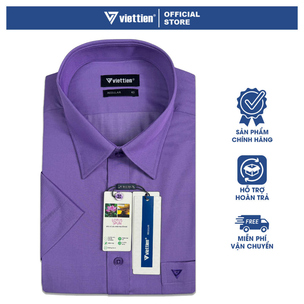 VIỆT TIẾN SALE - Áo Sơ Mi Nam VIETTIEN Tay Ngắn Màu Tím Violet Trơn Form Regular Lai Bầu Công Sở