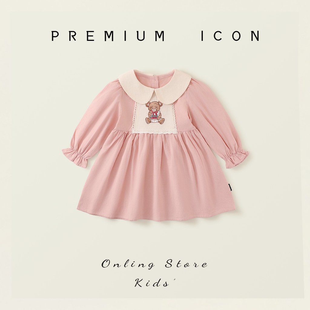 Váy Cho Bé Gái, Váy Babydoll Tay Dài Phối Cổ Sen Ống Tay Nhún In Họa Tiết Chất Vải Mềm Mại