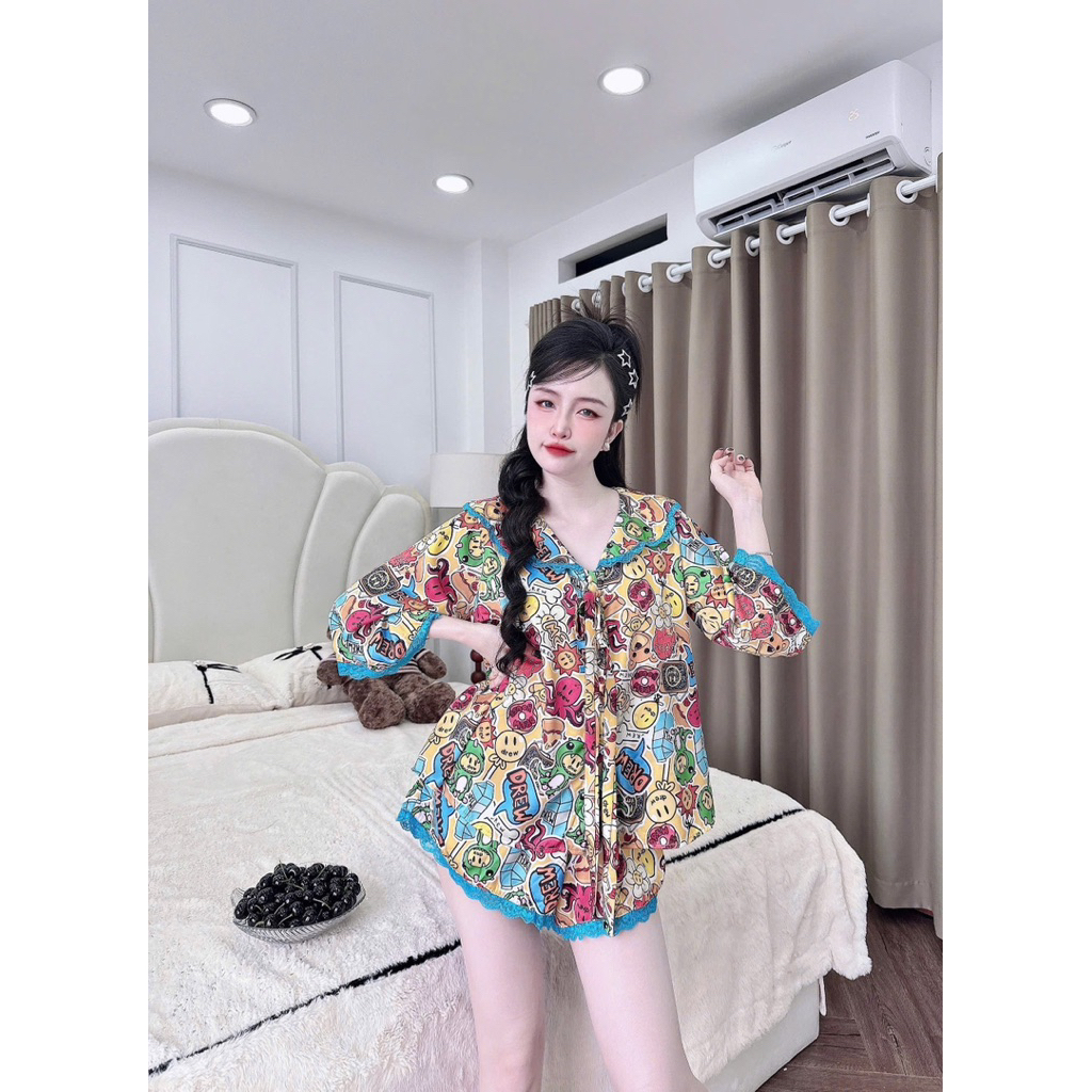 40-65kg Bộ pijama Đùi tay loe hoạ tiết dễ thương Lụa latin mềm mát