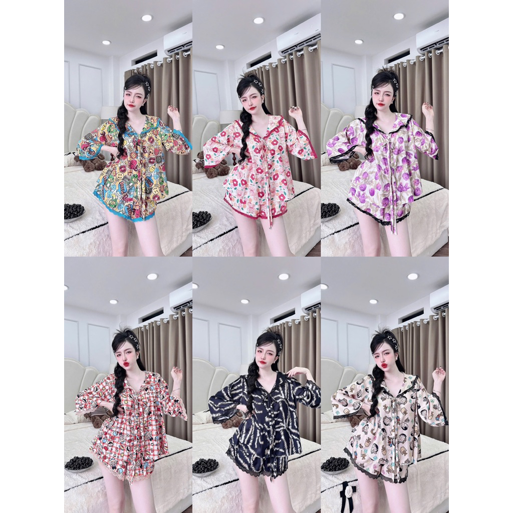40-65kg Bộ pijama Đùi tay loe hoạ tiết dễ thương Lụa latin mềm mát