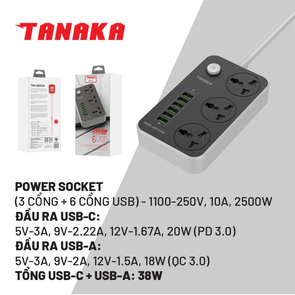 Ổ Cắm Điện Tanaka TNK-OD6325 - 6 Cổng USB - Bảo hành chính hãng 12 tháng