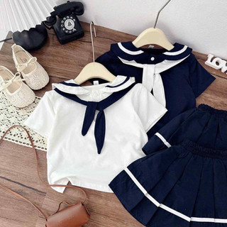 Sét áo cotton thuỷ thủ mix chân váy xếp ly cho bé gái