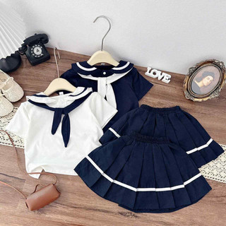 Sét áo cotton thuỷ thủ mix chân váy xếp ly cho bé gái