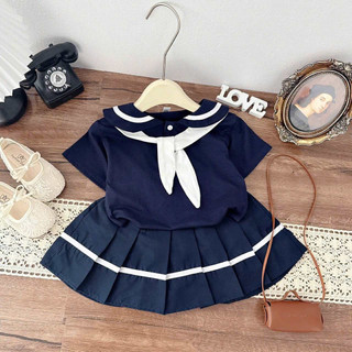 Sét áo cotton thuỷ thủ mix chân váy xếp ly cho bé gái