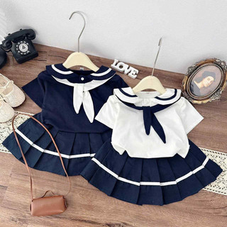 Sét áo cotton thuỷ thủ mix chân váy xếp ly cho bé gái