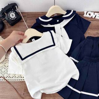 Sét áo cotton thuỷ thủ mix chân váy xếp ly cho bé gái