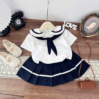 Sét áo cotton thuỷ thủ mix chân váy xếp ly cho bé gái