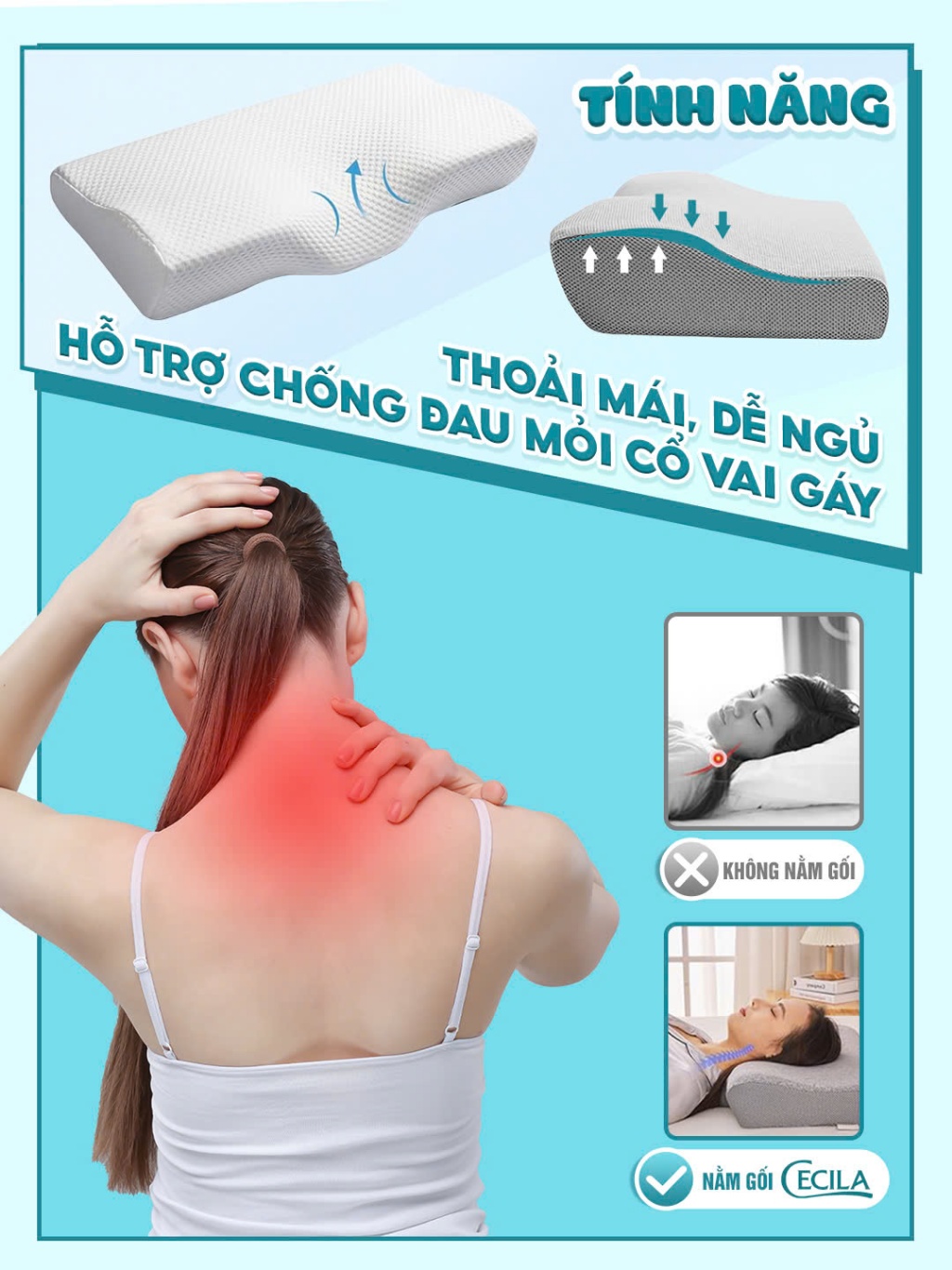 Gối chống đau mỏi cổ vai gáy Cecila cao su non giúp ngủ ngon ngủ sâu hơn, phù hợp với mọi tư thế nằm ngủ