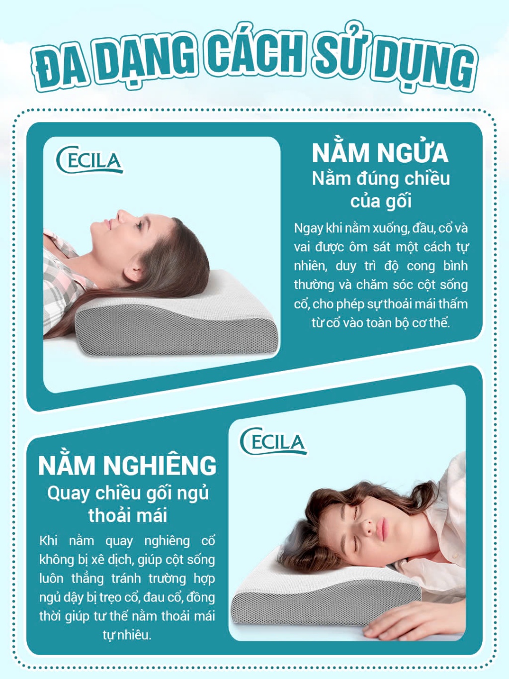 Gối chống đau mỏi cổ vai gáy Cecila cao su non giúp ngủ ngon ngủ sâu hơn, phù hợp với mọi tư thế nằm ngủ