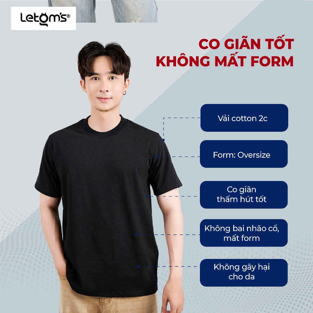 Áo Thun Nam Form Oversize LeTom's Cotton 250-280GSM, Tay Lỡ, Bo Cổ 3cm, Co Giãn, Thấm Hút, Nhiều Màu