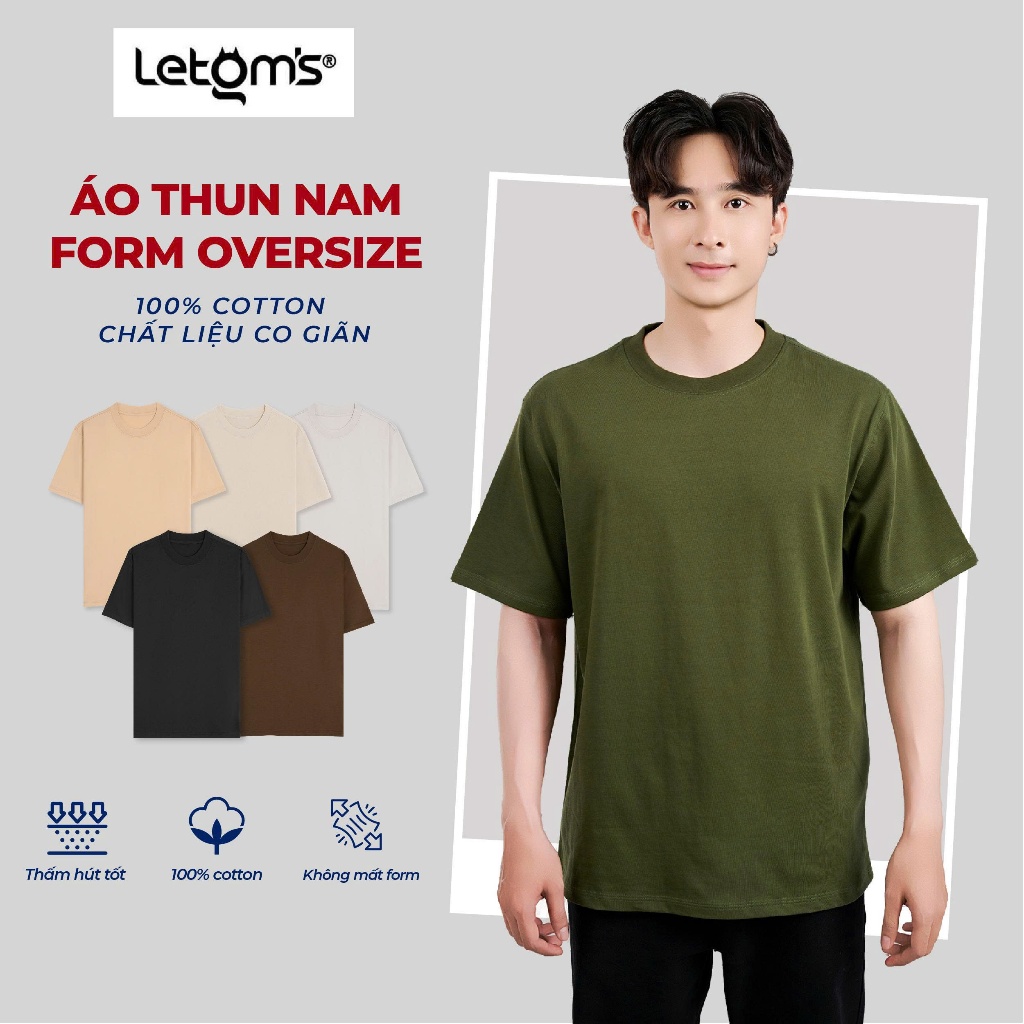 Áo Thun Nam Form Oversize LeTom's Cotton 250-280GSM, Tay Lỡ, Bo Cổ 3cm, Co Giãn, Thấm Hút, Nhiều Màu