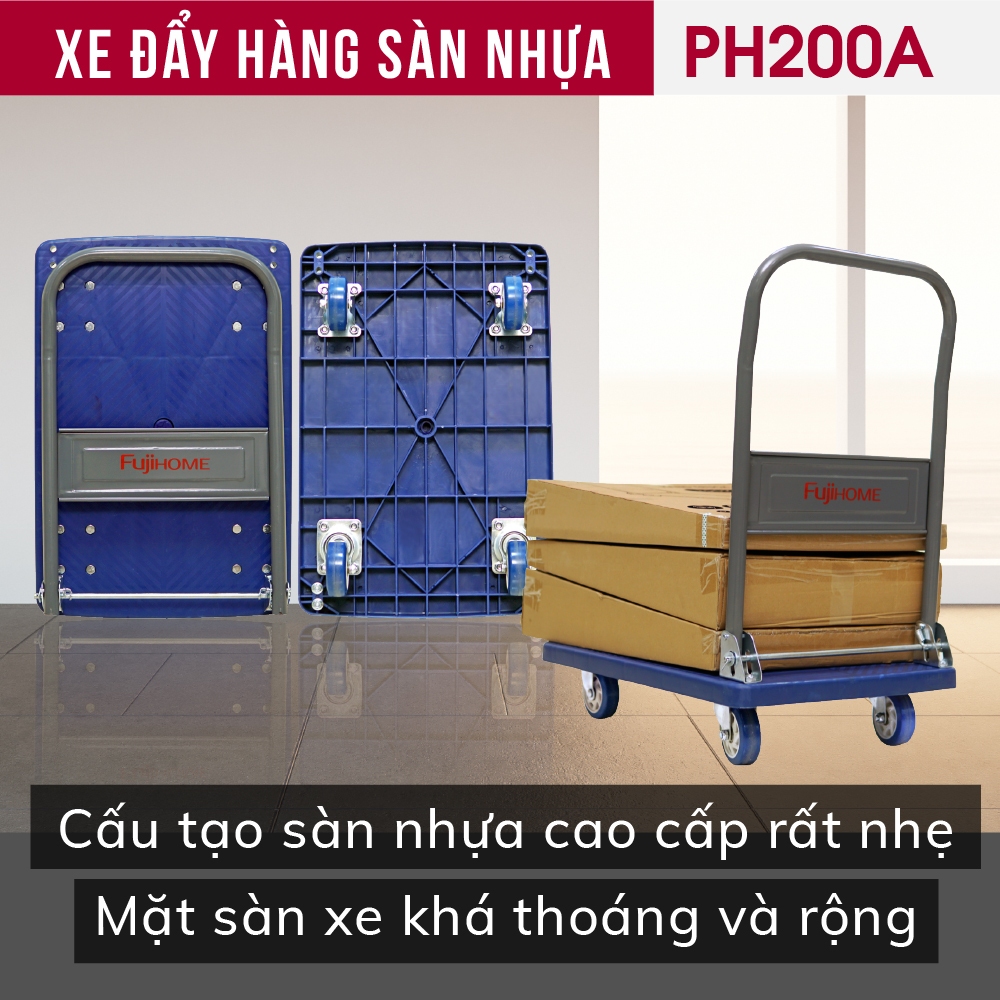 Xe đẩy tay gấp gọn sàn nhựa siêu bền chịu lực 150 kg PH200A FUJIHOME, Xe kéo cồng kềnh linh hoạt bánh cao su êm sàn nhựa