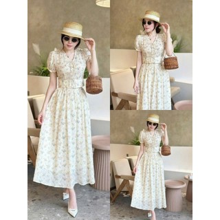 Set váy thời trang nữ thiết kế sang trọng chất lụa in hoa tay ngắn cổ V cột nơ phối chân váy dáng dài xòe chanh sả
