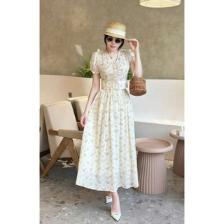 Set váy thời trang nữ thiết kế sang trọng chất lụa in hoa tay ngắn cổ V cột nơ phối chân váy dáng dài xòe chanh sả