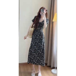 Đầm thời trang nữ thiết kế nhẹ nhàng chất manggo tay ngắn cổ tim bèo váy dáng dài xòe họa tiết in hoa xinh tươi