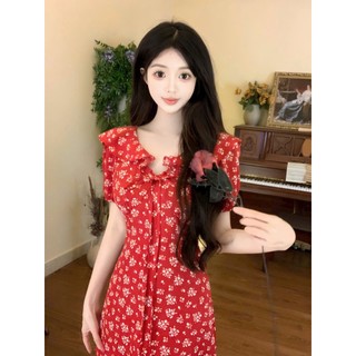 Đầm thời trang nữ thiết kế nhẹ nhàng chất manggo tay ngắn cổ tim bèo váy dáng dài xòe họa tiết in hoa xinh tươi
