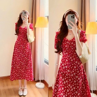 Đầm thời trang nữ thiết kế nhẹ nhàng chất manggo tay ngắn cổ tim bèo váy dáng dài xòe họa tiết in hoa xinh tươi
