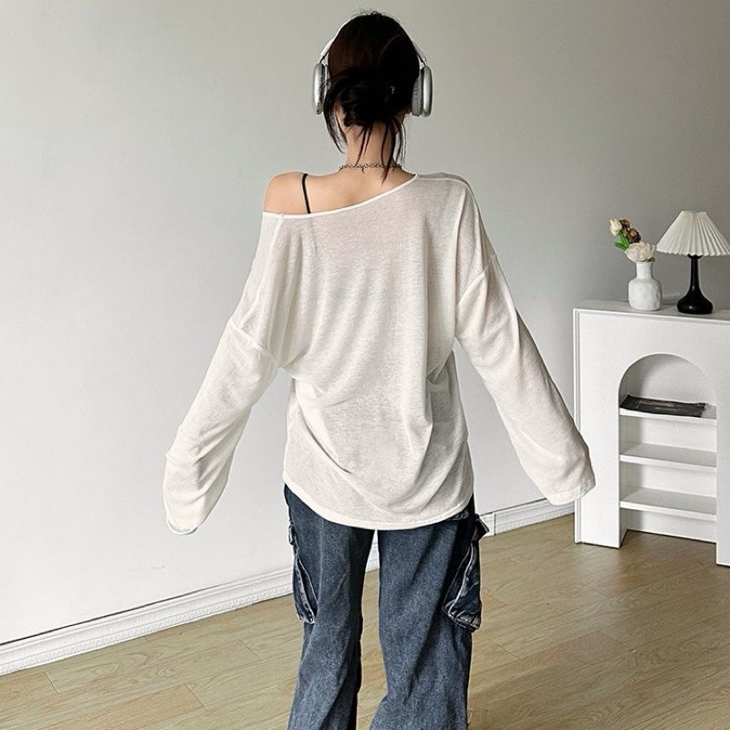 Áo dài tay trễ vai form rộng màu trắng vàng be cổ V thun mỏng xuyên thấu họa tiết số 93 thể thao ATDT019 - Tiktik