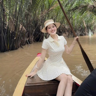 Đầm thời trang nữ thiết kế nhẹ nhàng chất lụa tay ngắn cổ Bẻ họa tiết chấm bi váy dáng ngắn xòe xếp ly dịu dàng