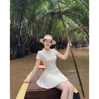 Đầm thời trang nữ thiết kế nhẹ nhàng chất lụa tay ngắn cổ Bẻ họa tiết chấm bi váy dáng ngắn xòe xếp ly dịu dàng
