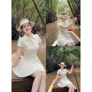 Đầm thời trang nữ thiết kế nhẹ nhàng chất lụa tay ngắn cổ Bẻ họa tiết chấm bi váy dáng ngắn xòe xếp ly dịu dàng