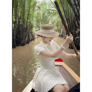 Đầm thời trang nữ thiết kế nhẹ nhàng chất lụa tay ngắn cổ Bẻ họa tiết chấm bi váy dáng ngắn xòe xếp ly dịu dàng
