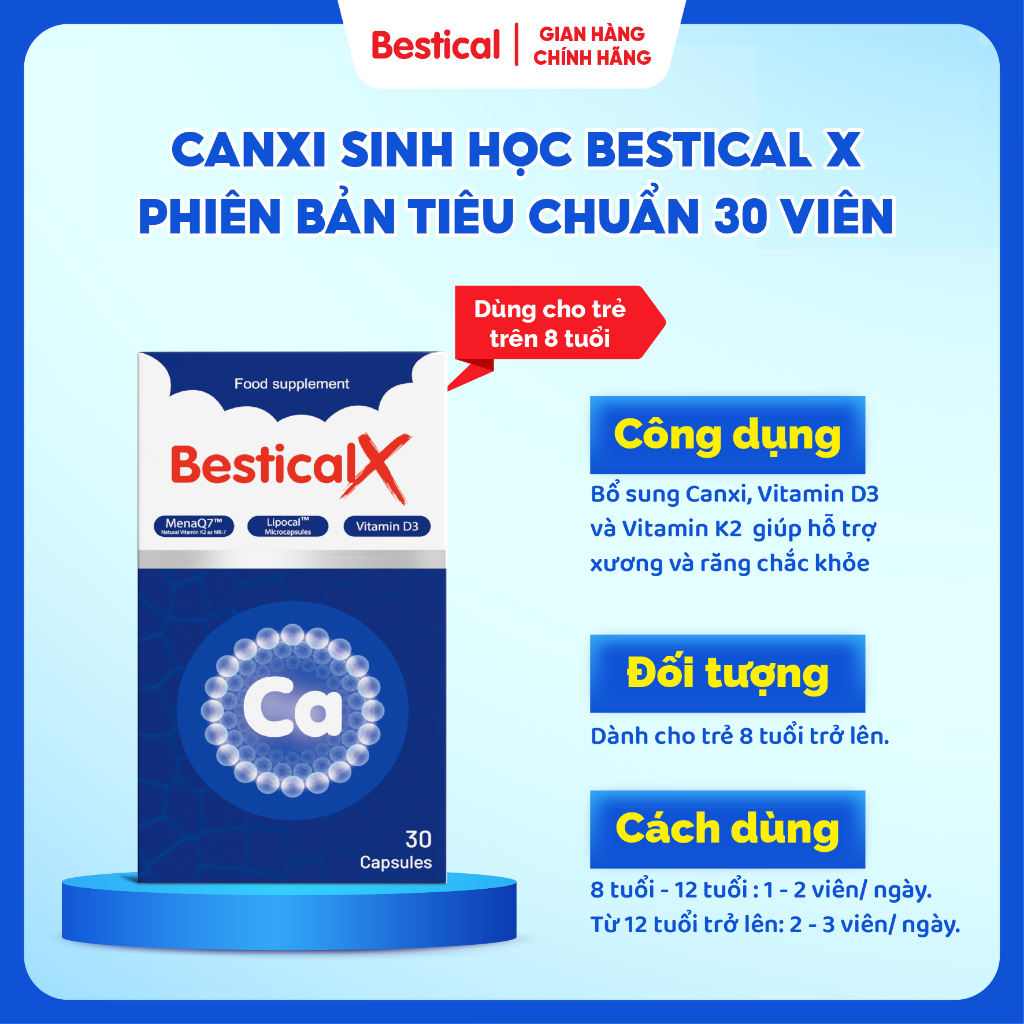 Combo 6 hộp Canxi BesticalX - Canxi sinh học dạng viên, hỗ trợ xương chắc khỏe, tăng chiều cao cho trẻ
