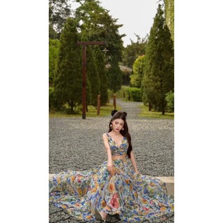 Đầm maxi thời trang nữ thiết kế  in hoa sặc sỡ chất voan cao cấp 2 dây mảnh hở eo váy dáng dài xòe chanh sả