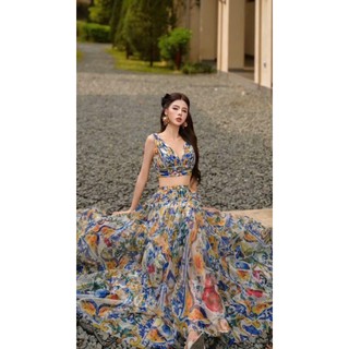 Đầm maxi thời trang nữ thiết kế  in hoa sặc sỡ chất voan cao cấp 2 dây mảnh hở eo váy dáng dài xòe chanh sả