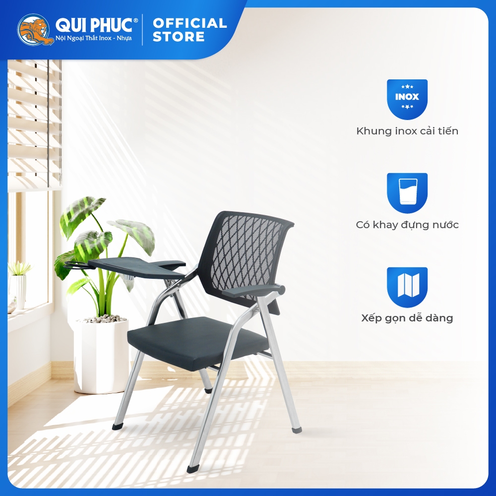 Ghế liền bàn gấp gọn Deli QUI PHÚC, khung inox chắc chắn, đệm ngồi dày dặn, ghế hội trường, ghế training