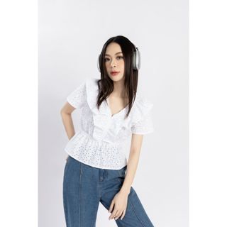 Áo Thun Ren JP Fashion Vải Kate Thêu, Cổ Áo Bèo Nhúng Thun Chiết Eo Tôn Dáng Phù Hợp Xuân Hè 10609955