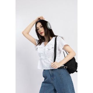 Áo Thun Ren JP Fashion Vải Kate Thêu, Cổ Áo Bèo Nhúng Thun Chiết Eo Tôn Dáng Phù Hợp Xuân Hè 10609955