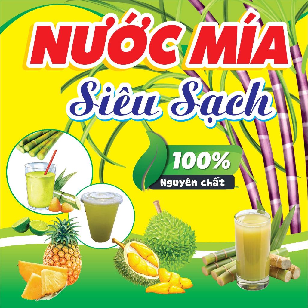 Decal dán sẵn có keo, NƯỚC MÍA NGUYÊN CHẤT trang trí cho MÁY ÉP NƯỚC MÍA có nhiều kích thước