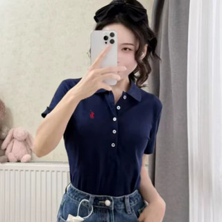 Áo Polo Nữ RL Logo Con Ngựa Áo Polo Tay Ngắn Áo Polo Kẻ Sọc Áo Polo Nữ Áo Thun Khắc Logo Áo Polo 5 Nút