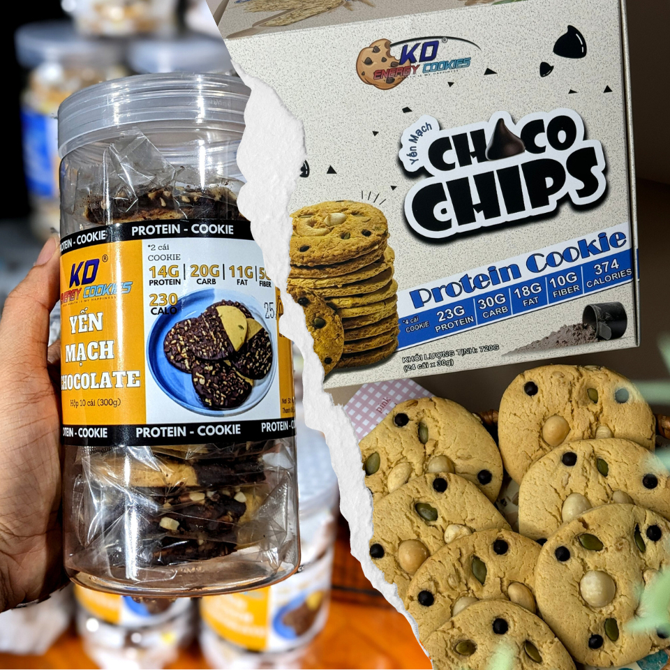 Combo 2 loại bánh Cookies Protein yến mạch, bánh quy ăn kiêng KD Healthy Food 380g (10 cái) và 720g (24 cái)