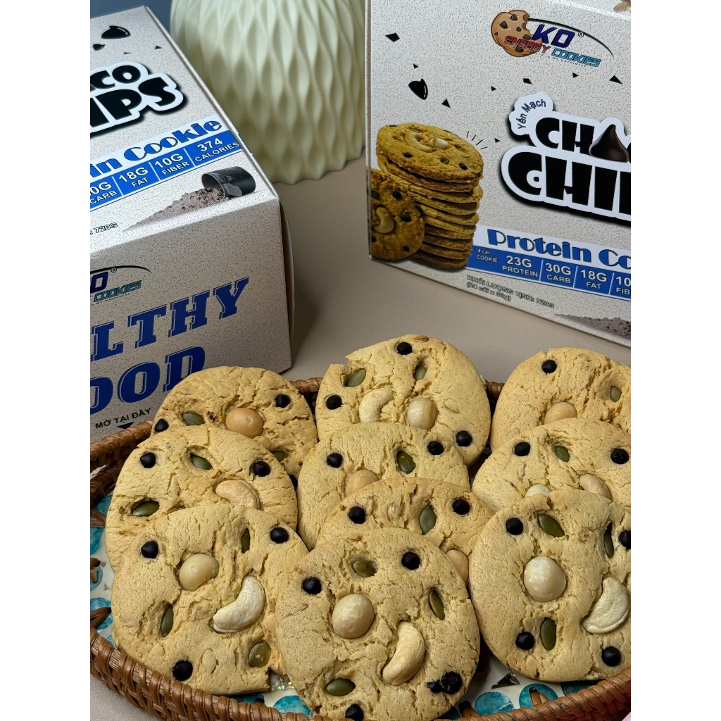 Combo 2 loại bánh Cookies Protein yến mạch, bánh quy ăn kiêng KD Healthy Food 380g (10 cái) và 720g (24 cái)